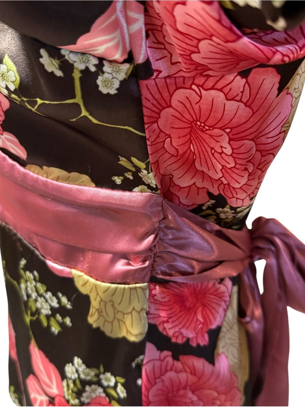 Forever 21 Brown Floral Satin Kimono V-Neck Top women’s sz Large Obi Belt - Picture 4 of 10